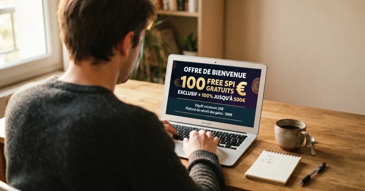 Joueur consultant sur un ordinateur portable les conditions de mise et le plafond de retrait d'un bonus casino