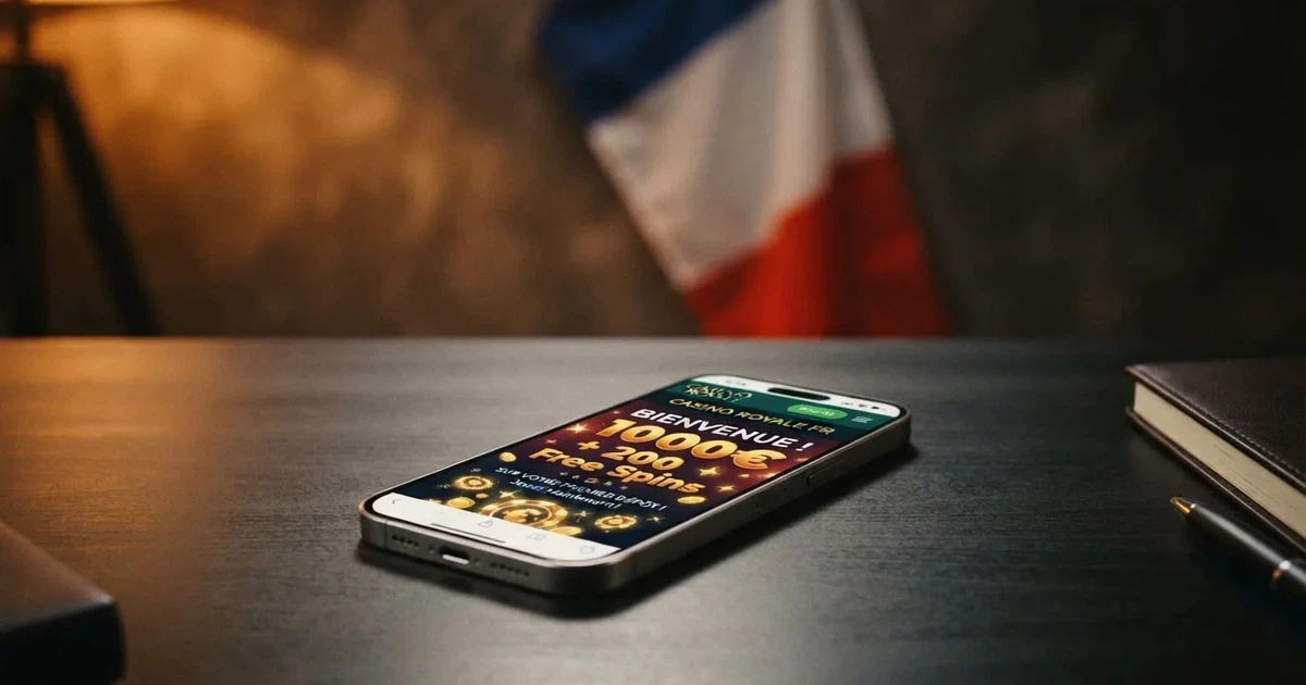 Symbole de la réglementation française des jeux d'argent en ligne, avec un drapeau français en arrière-plan, sans marque de casino visible