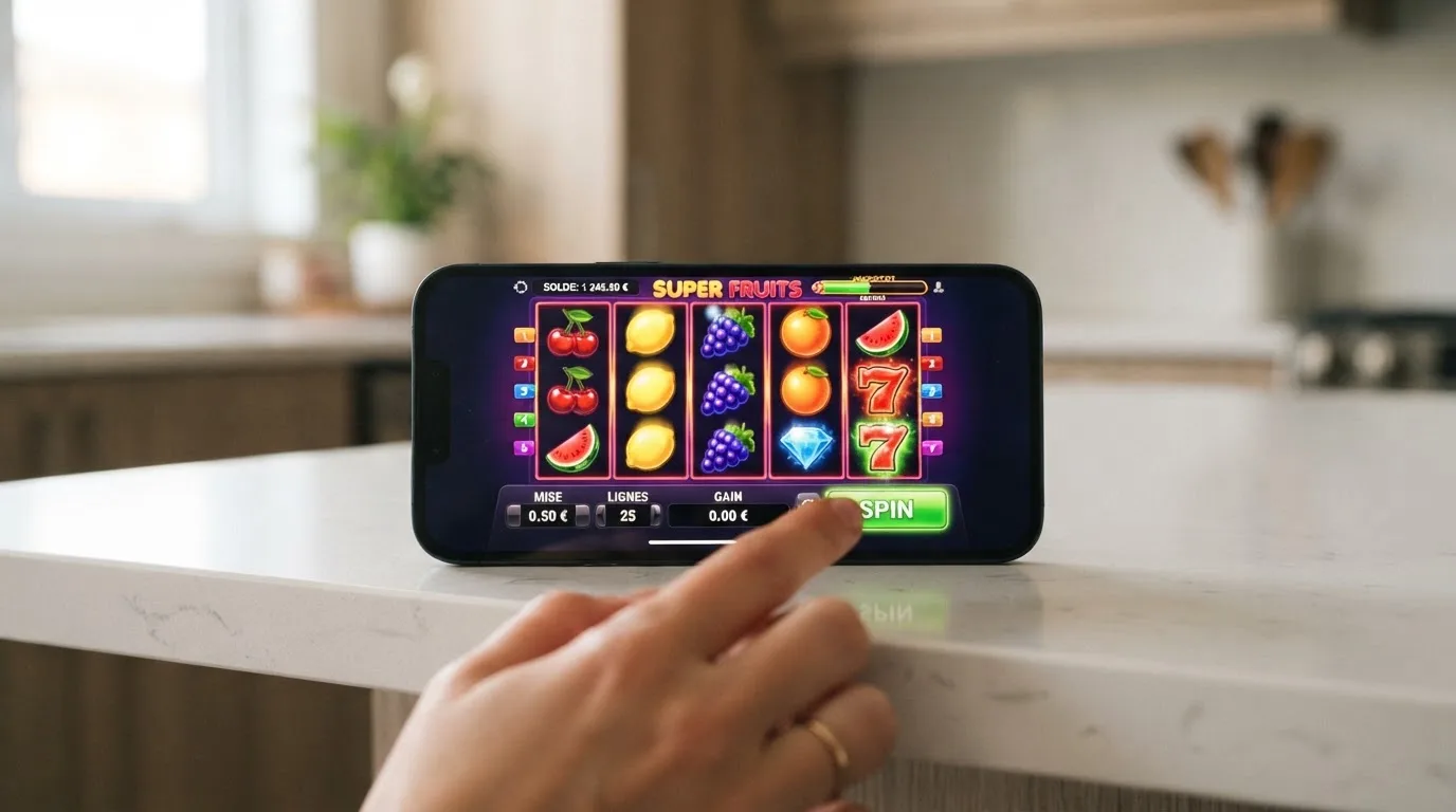 Grille d'une machine à sous éligible aux tours gratuits affichée sur l'écran d'un smartphone