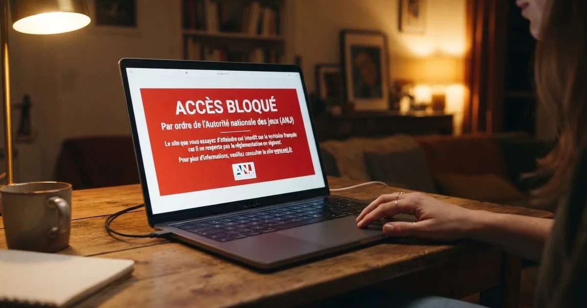 Page d'avertissement affichant le blocage d'un site de casino en ligne non autorisé en France