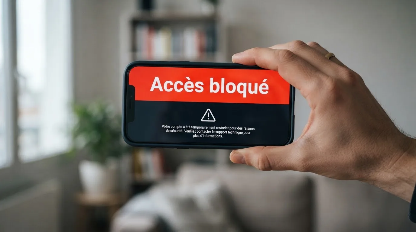 Main tenant un smartphone affichant un message d'avertissement d'accès bloqué