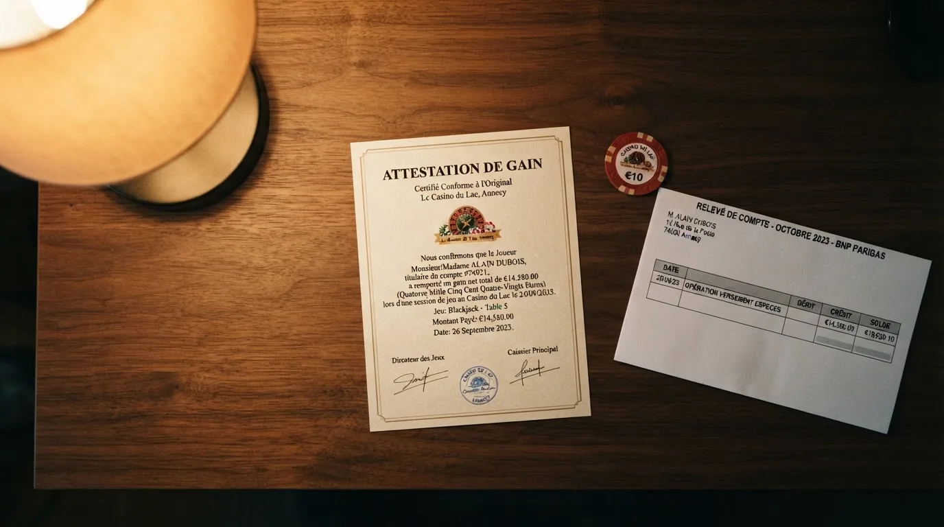 Document d'attestation de gain posé à côté d'un relevé bancaire sur un bureau