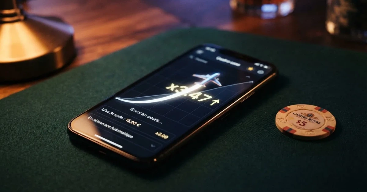 Un avion stylisé qui décolle sur l'écran d'un jeu de casino, un compteur de multiplicateur affiché en hausse à côté