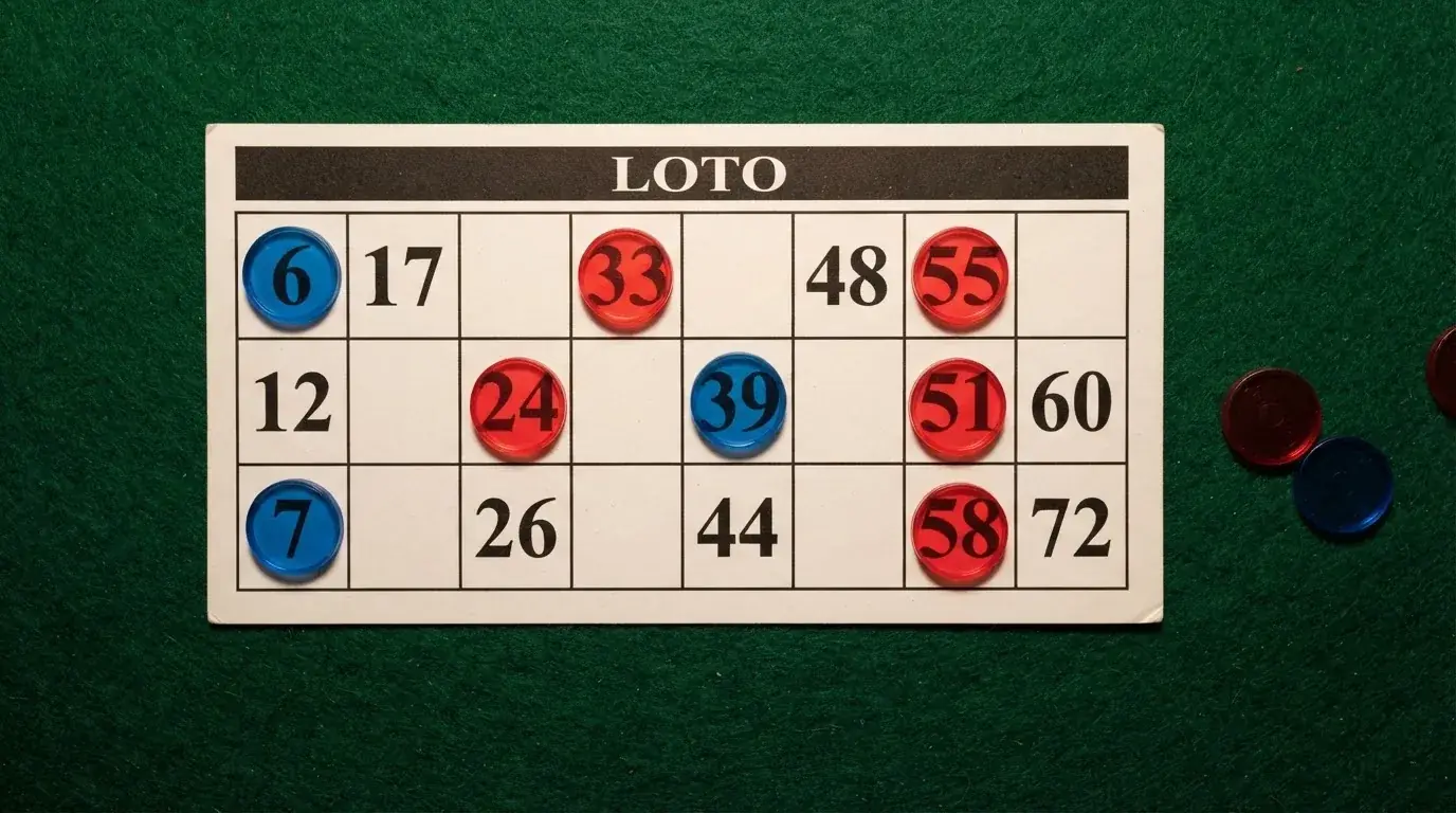Grille de bingo avec un carton 3 lignes sur 9 colonnes et des jetons numérotés posés dessus