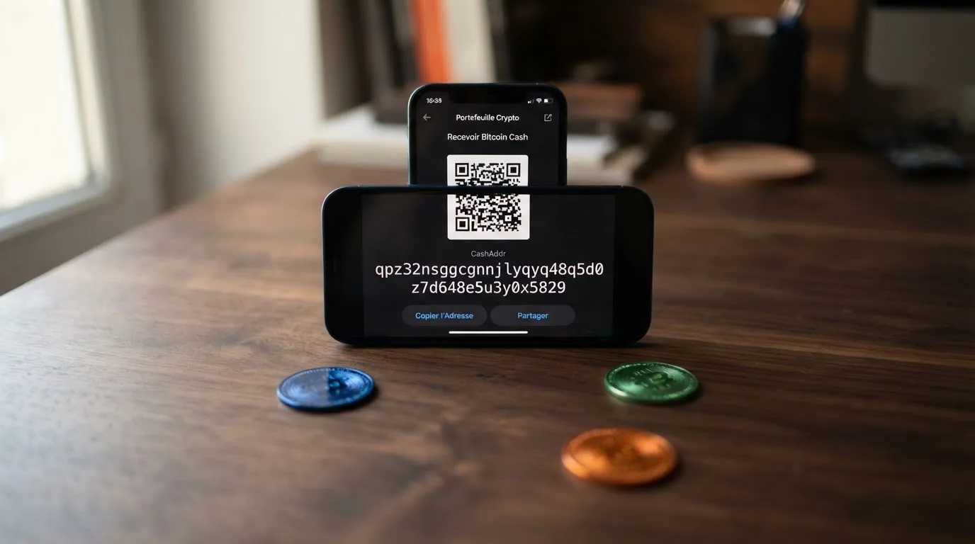 Gros plan sur une application de portefeuille crypto affichant une adresse Bitcoin Cash au format CashAddr commençant par la lettre q, sur fond de pièces BCH.