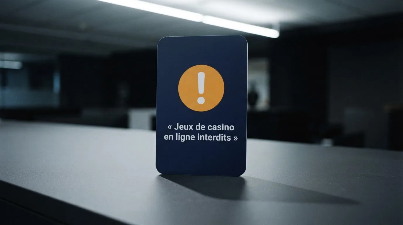 Panneau d'avertissement stylisé évoquant l'interdiction des jeux de casino en ligne en France