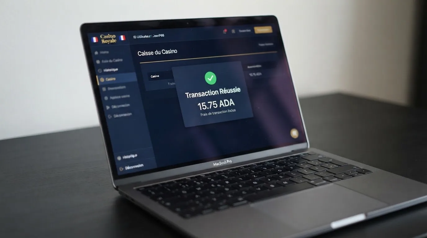 Confirmation d'une transaction Cardano affichée sur l'interface d'un casino en ligne, avec le montant des frais de réseau détaillé