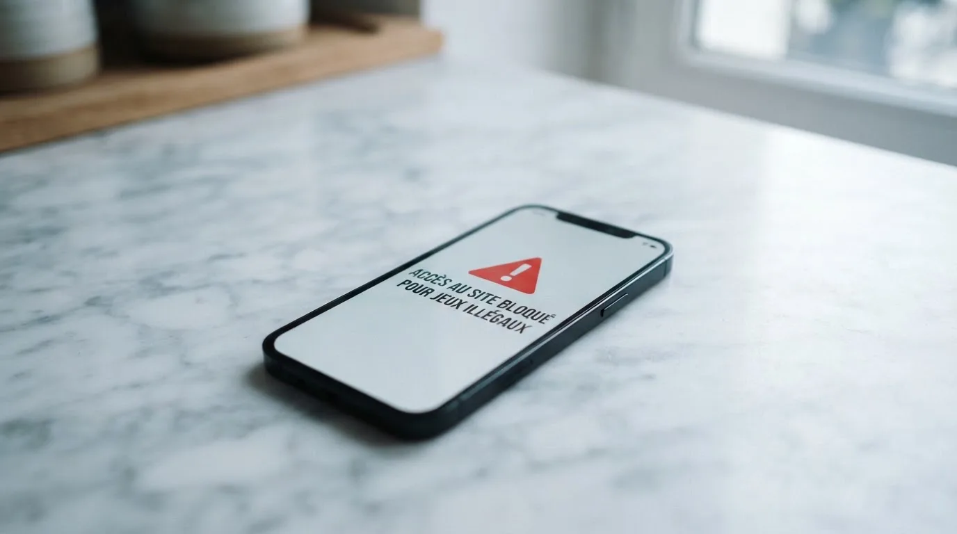 Écran de smartphone affichant un avertissement officiel sur les jeux d'argent illégaux en ligne en France