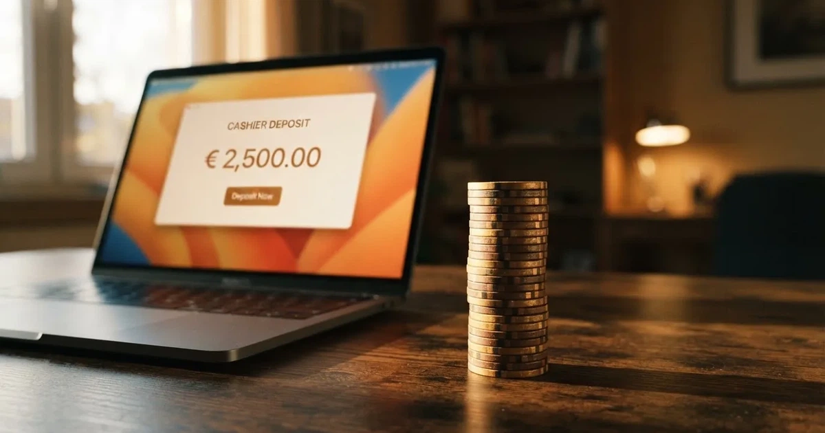 close crop of a euro-coin stack of ten one-euro coins next to a laptop showing an online casino cashier deposit screen
