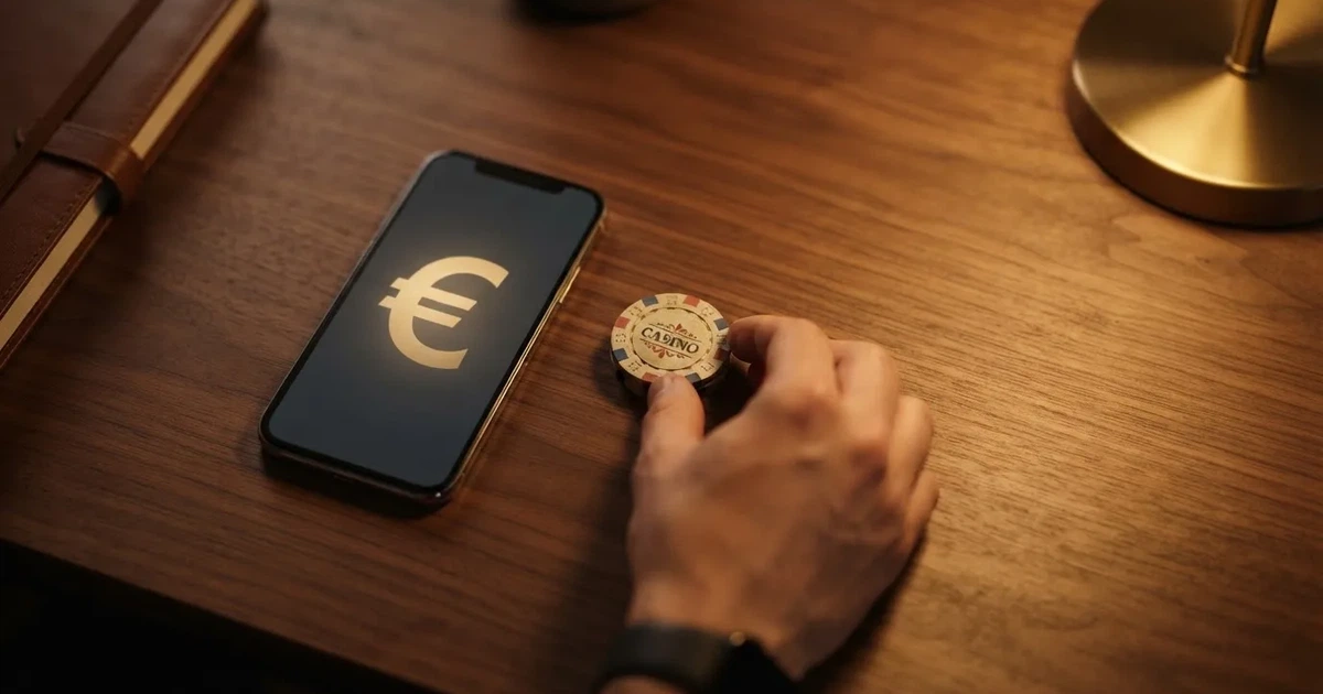 A hand placing a twenty-euro note next to a smartphone showing an online gambling sign-up screen