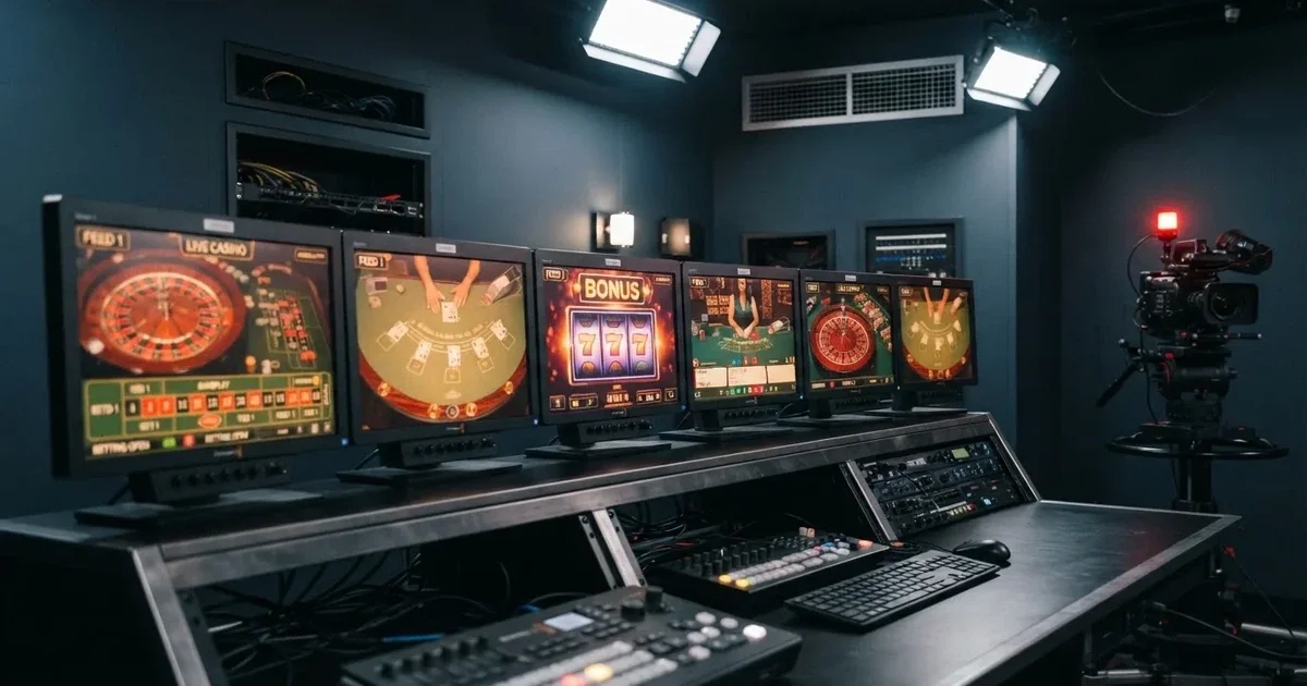 a games-technology supplier's logo wall shown behind a row of casino monitors in a broadcast studio, no brand names visible
