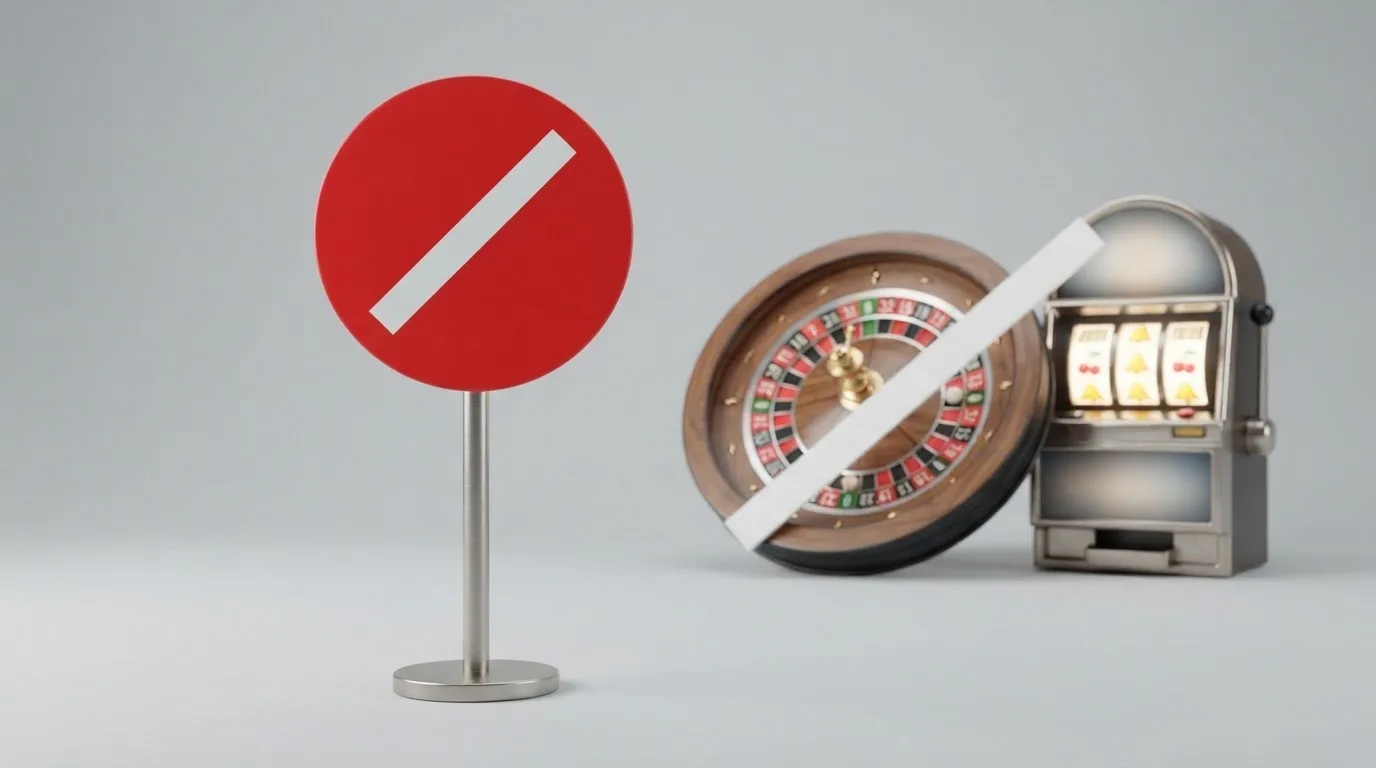 pictogramme d'interdiction superposé à une roulette et des machines à sous, illustrant l'interdiction du casino en ligne en France