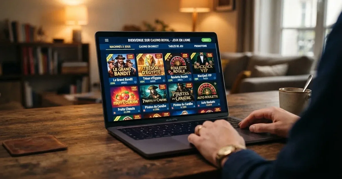 Écran d'accueil d'une plateforme de jeux de casino en ligne avec une grille de jeux