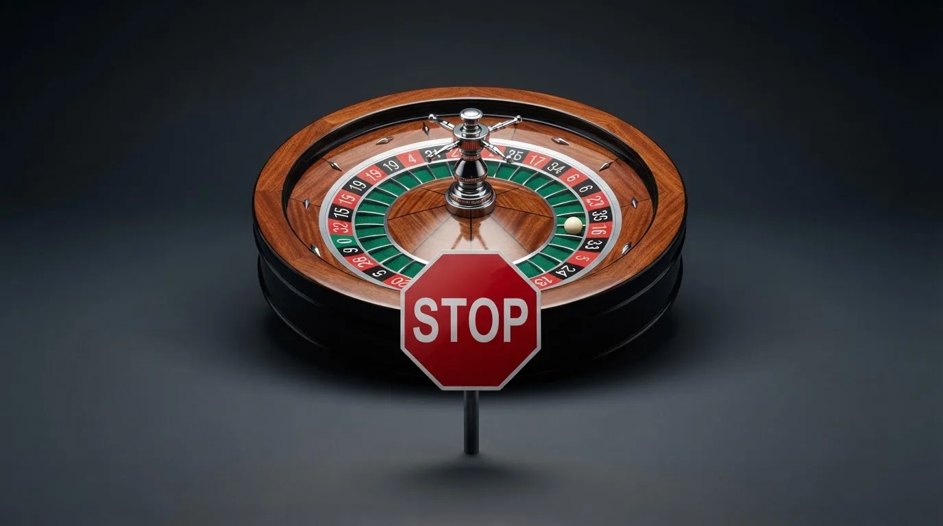 Le logo de l'Autorité nationale des jeux (ANJ) associé à un symbole d'interdiction sur fond de roulette de casino.