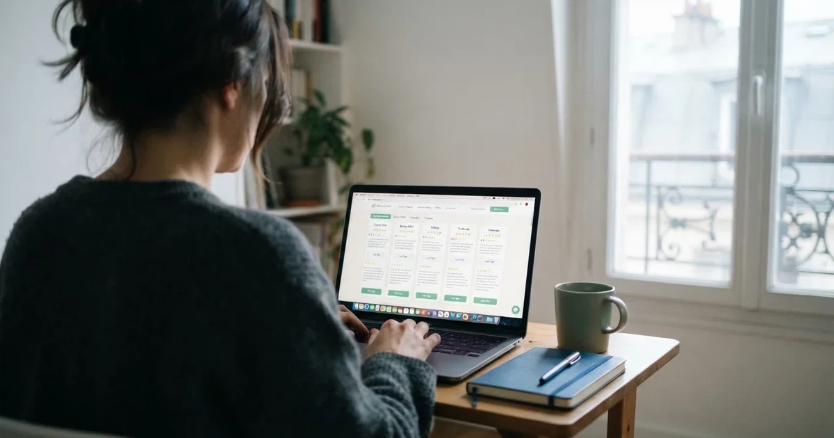 A person browsing several online casino review pages on a laptop at a home desk