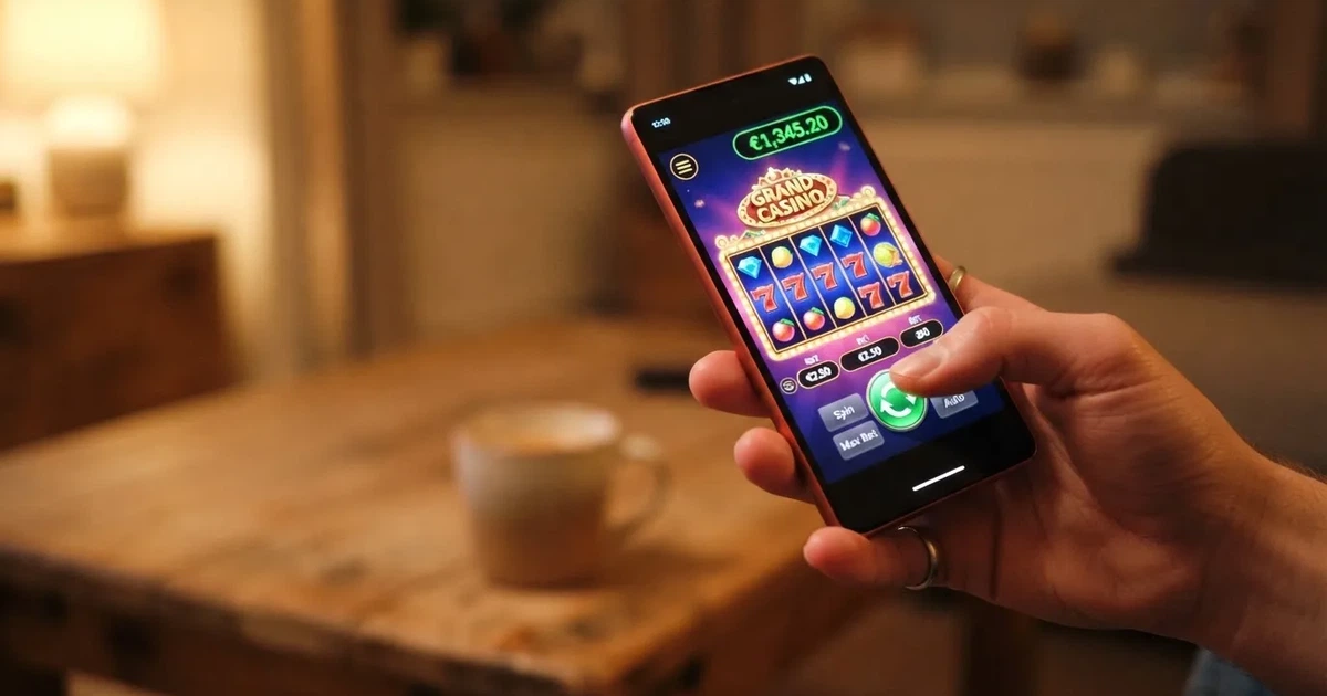 main téléphone affichant une interface de casino mobile en cours de chargement