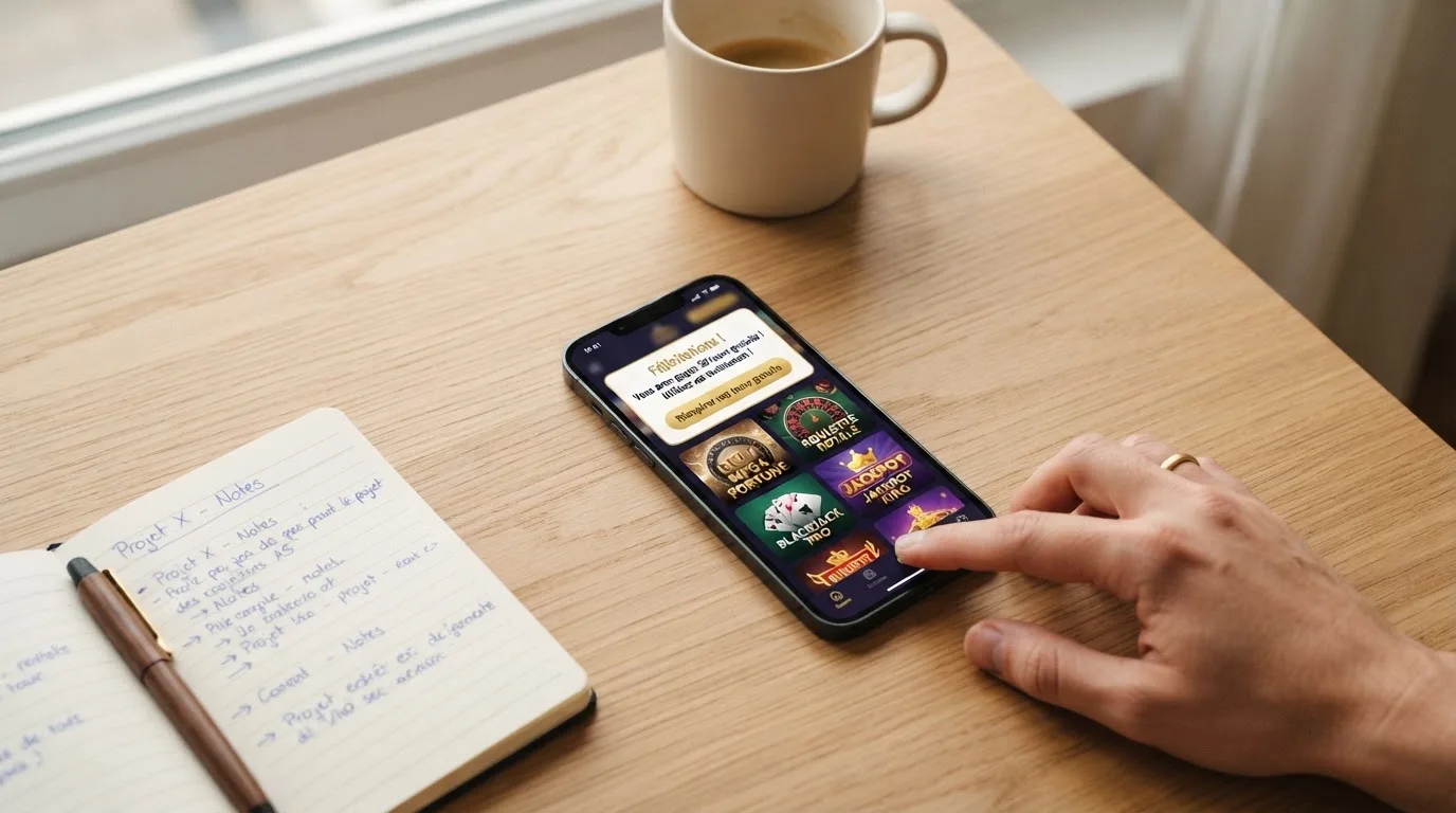 Écran de smartphone affichant l'interface mobile d'un casino en ligne avec une notification de tours gratuits
