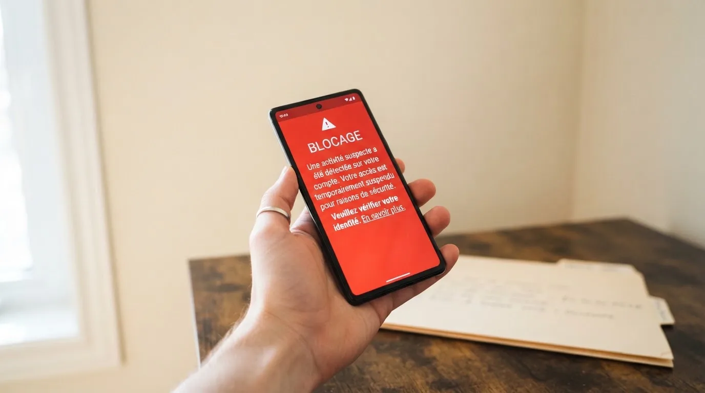 Main tenant un smartphone affichant un écran de blocage de site avec un message d'avertissement rouge, dans un décor évoquant un bureau administratif français.