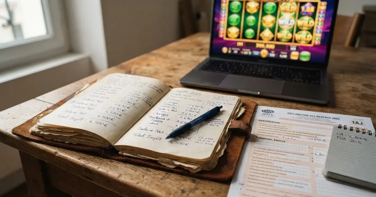 Une calculatrice et une déclaration de revenus française posées à côté d'un écran affichant un jeu de casino en ligne