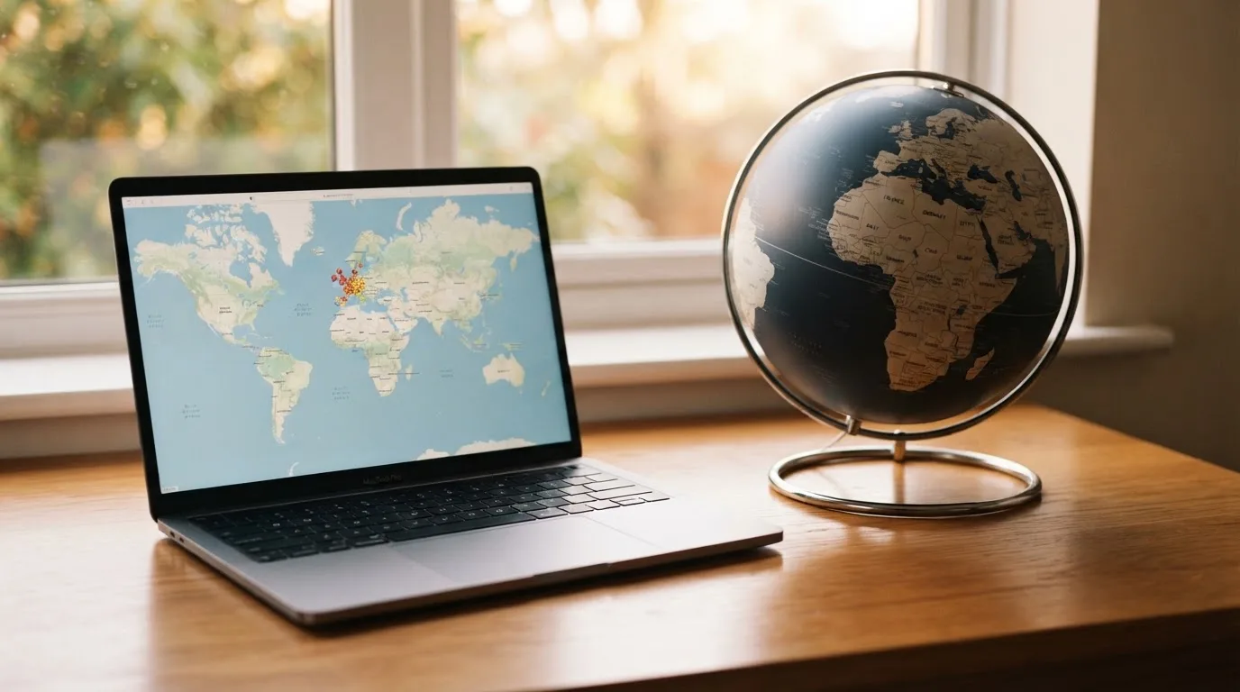Un globe terrestre posé à côté d'un ordinateur portable affichant une carte du monde.