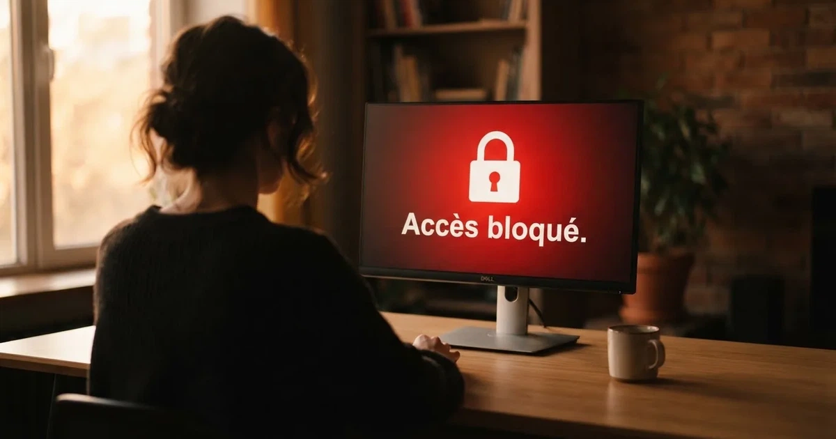 Un panneau d'avertissement numérique affichant un accès bloqué sur un écran d'ordinateur.