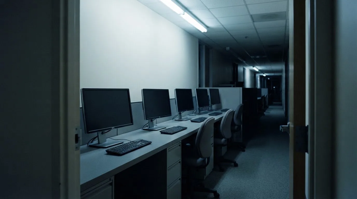 Une rangée d'écrans d'ordinateur éteints dans un bureau vide.