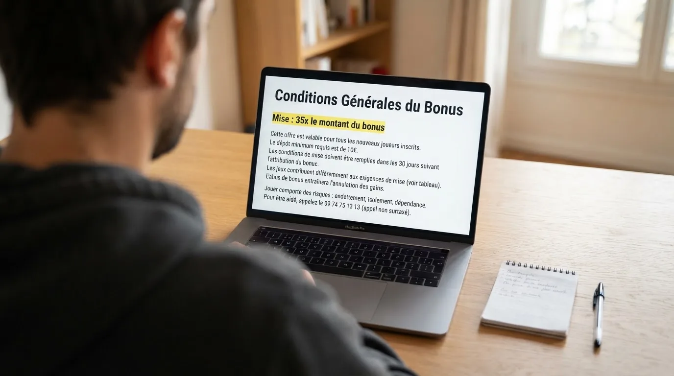 Capture d'ecran des conditions generales d'un bonus de bienvenue en ligne