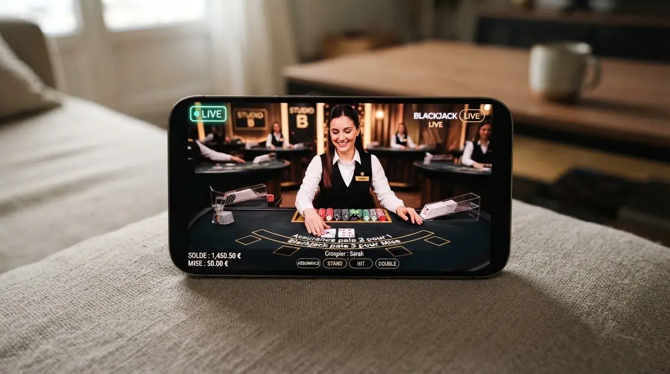 croupier animant une table de jeu en direct filmée pour un joueur sur mobile