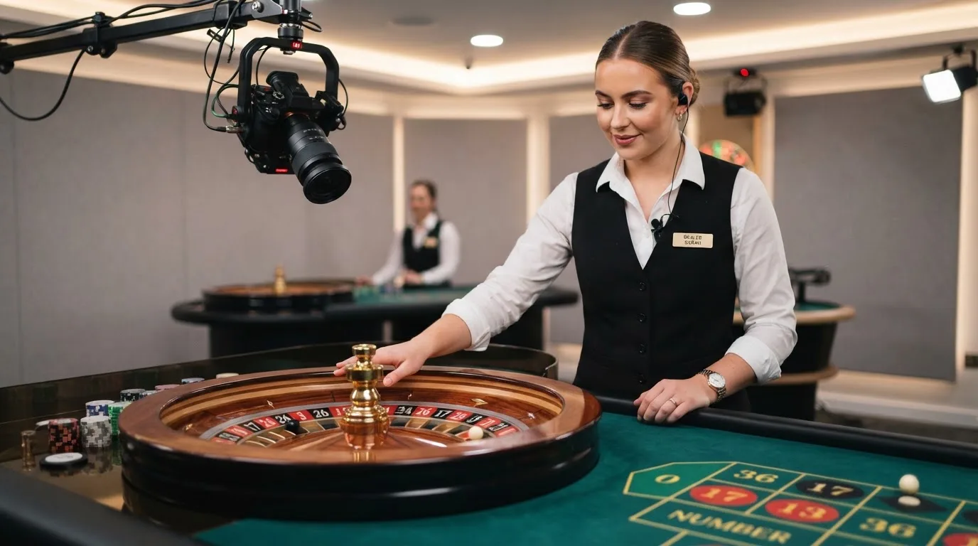 a live dealer standing at a roulette wheel under studio lighting, streaming camera visible above the table