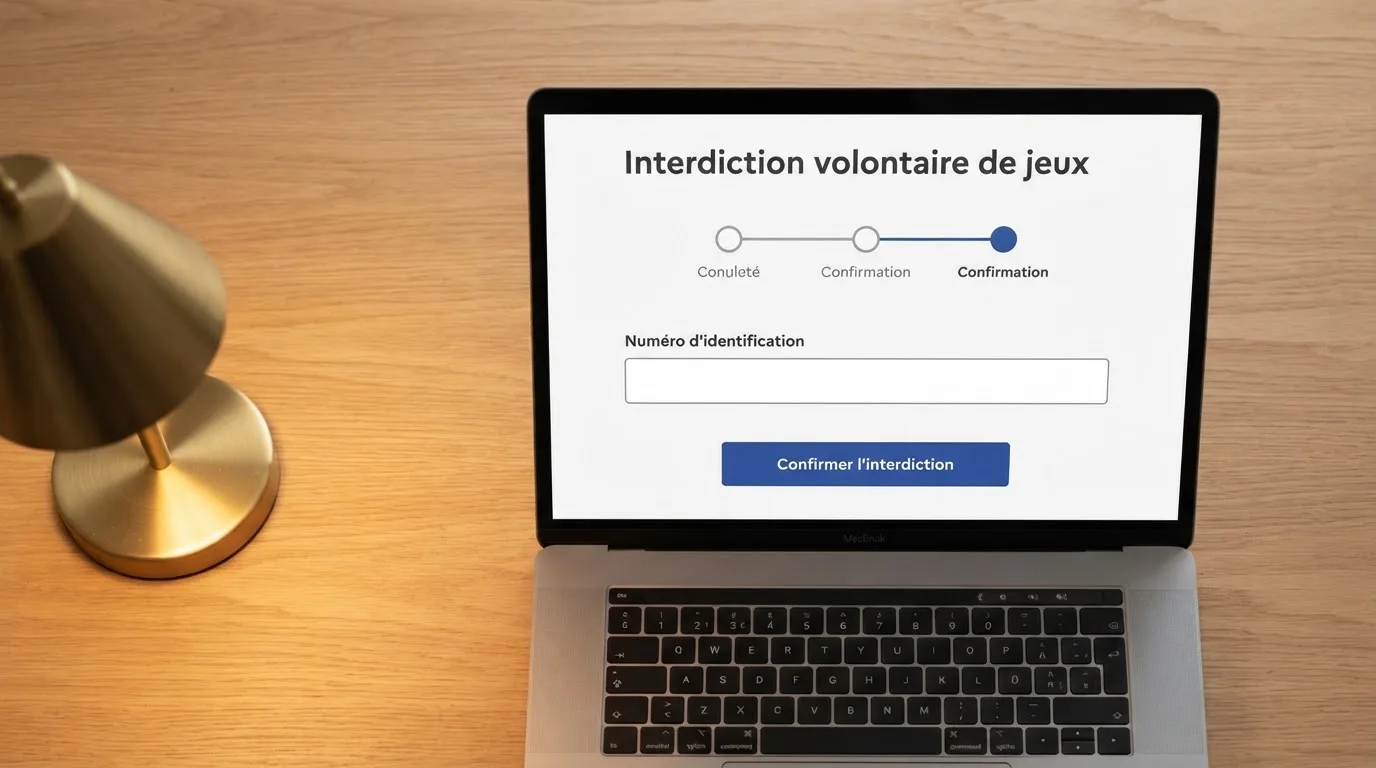 a laptop screen showing a government self-exclusion registration form with an identity-check step, no logos visible
