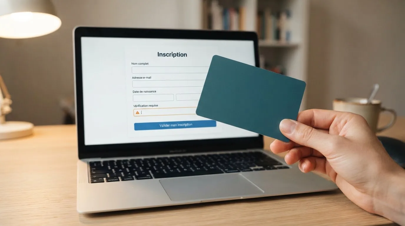 Close-up of a hand holding an identity document next to a laptop showing an online registration form
