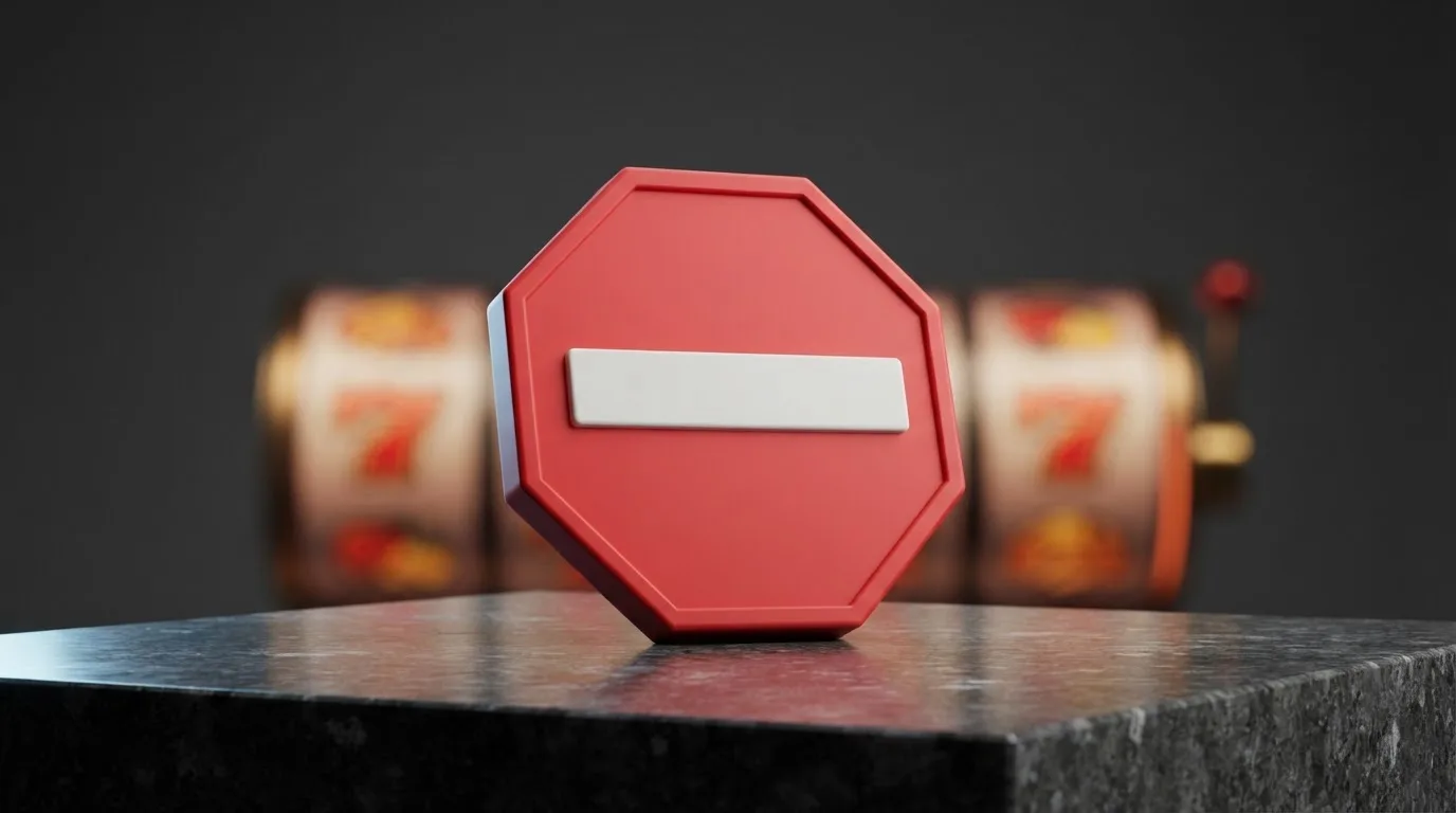 a red official-style stop/prohibition icon overlaid on a blurred casino slot-reel background