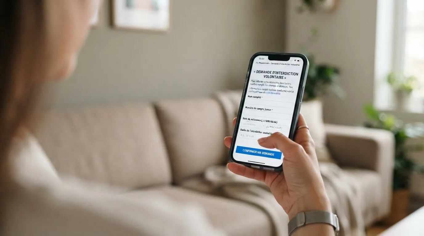 Formulaire de demande d'interdiction volontaire de jeux ouvert sur un smartphone