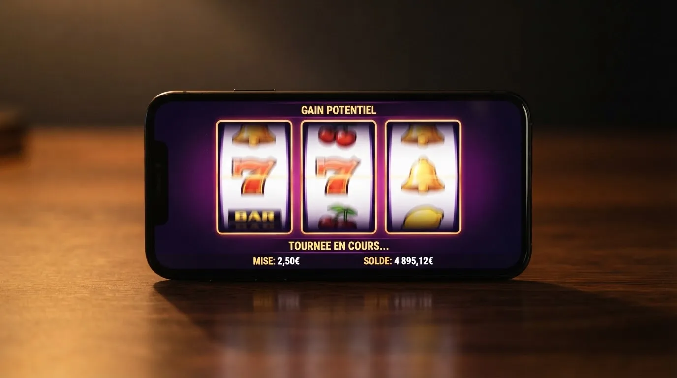 Rouleaux de machine à sous animés sur l'écran d'un casino en ligne, sans marque de casino visible