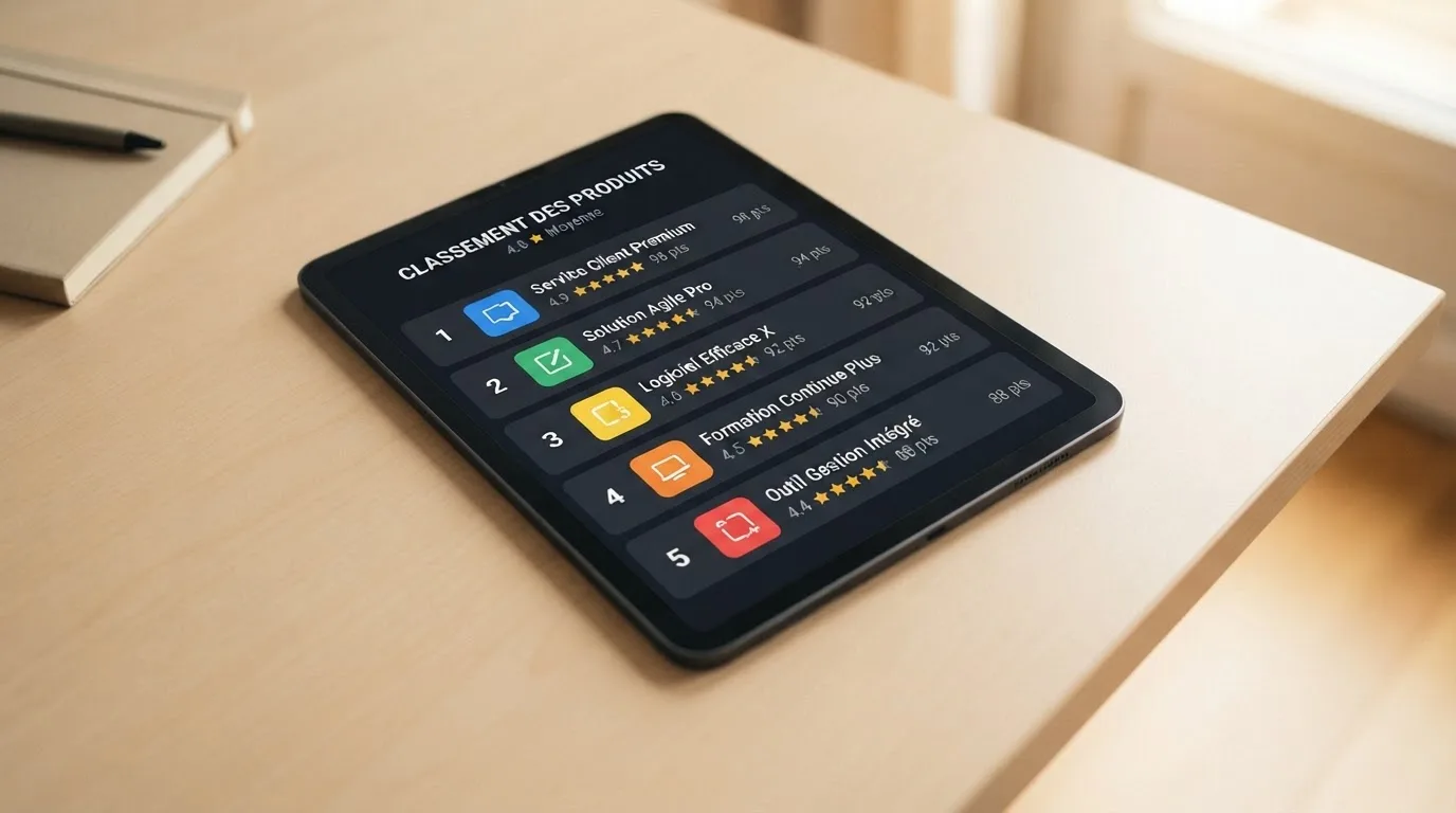 Liste de notes et d'étoiles affichée sur un écran, évoquant un classement d'applications sans nom de marque.