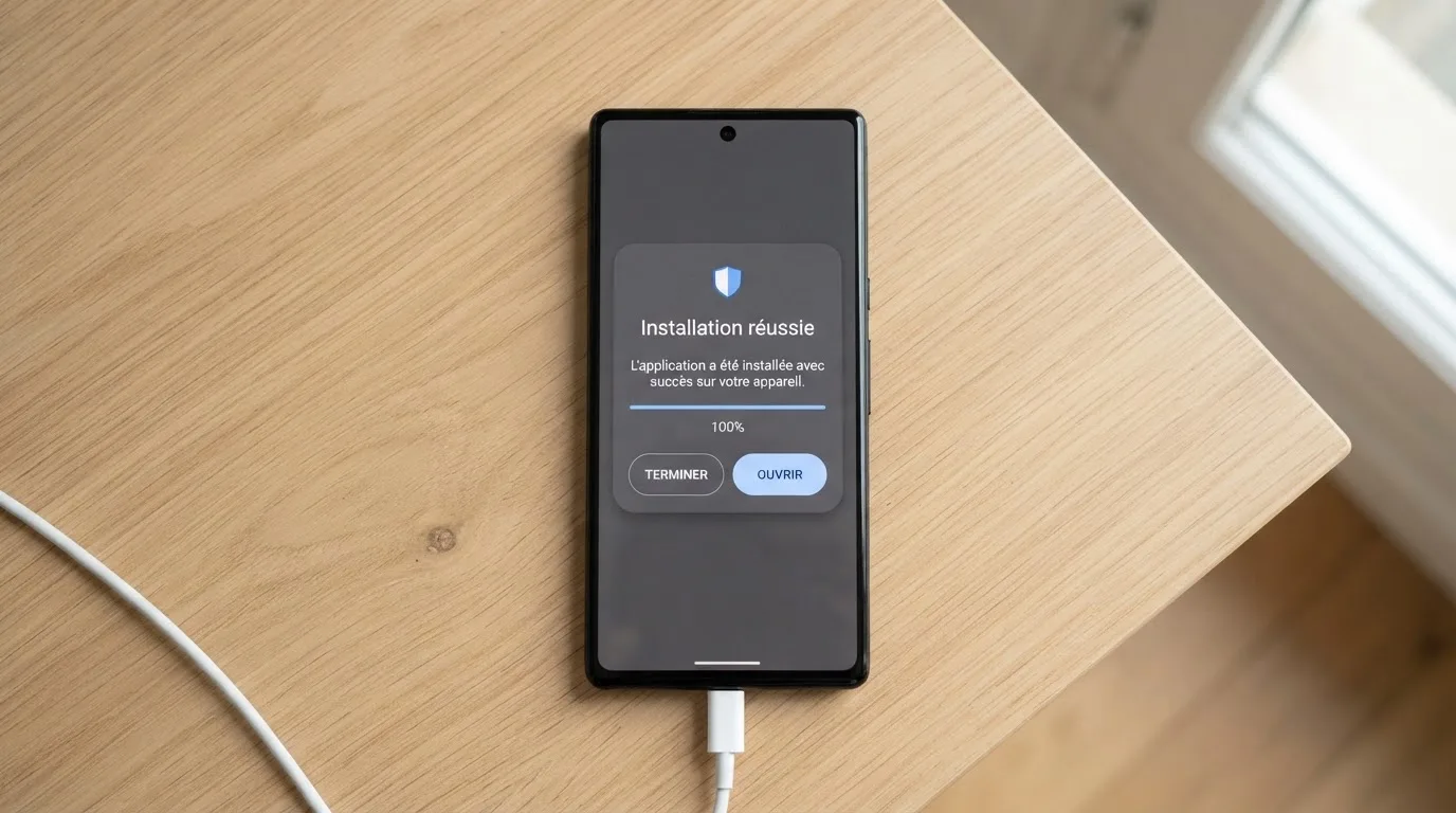 Écran de smartphone affichant une fenêtre d'installation de fichier hors magasin d'applications officiel.