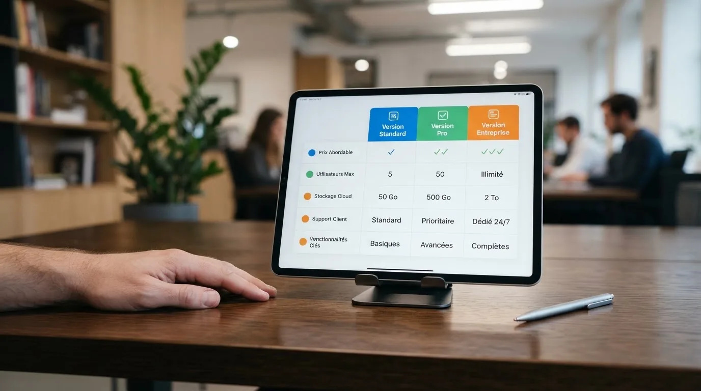 Tableau comparatif affiché sur tablette classant plusieurs applications par colonnes de fonctionnalités.
