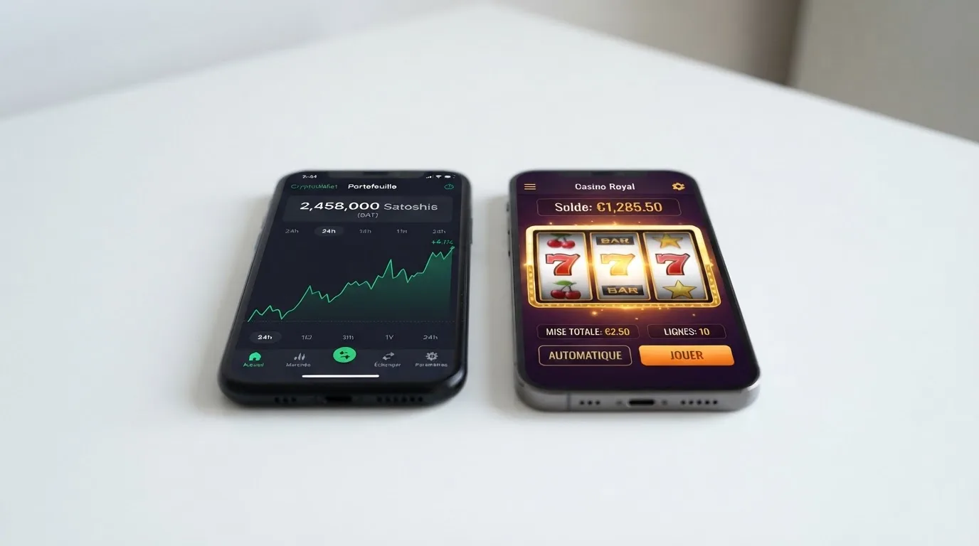 portefeuille crypto affiché sur smartphone à côté d'un écran de casino