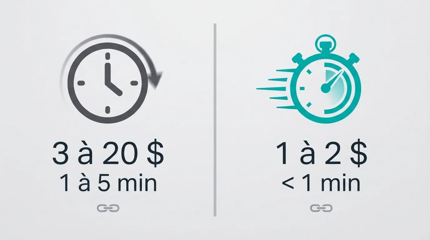 a split-screen graphic comparing a slow bank-transfer icon against a fast blockchain-transfer icon with a stopwatch