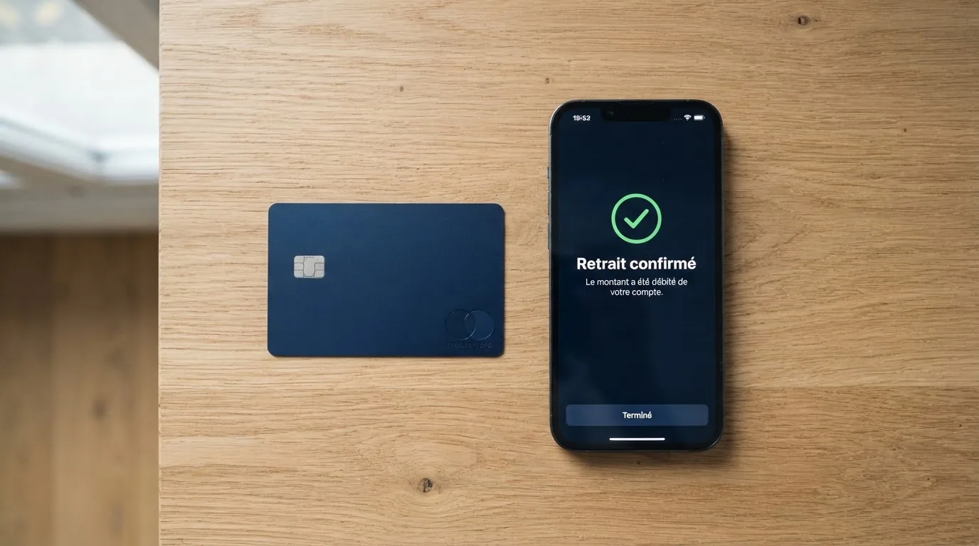 Close-up of a bank card and a smartphone displaying a payment confirmation screen