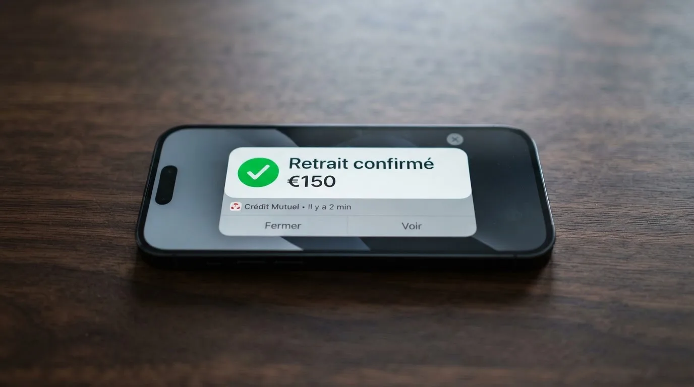 notification de confirmation de retrait affichée sur un téléphone mobile