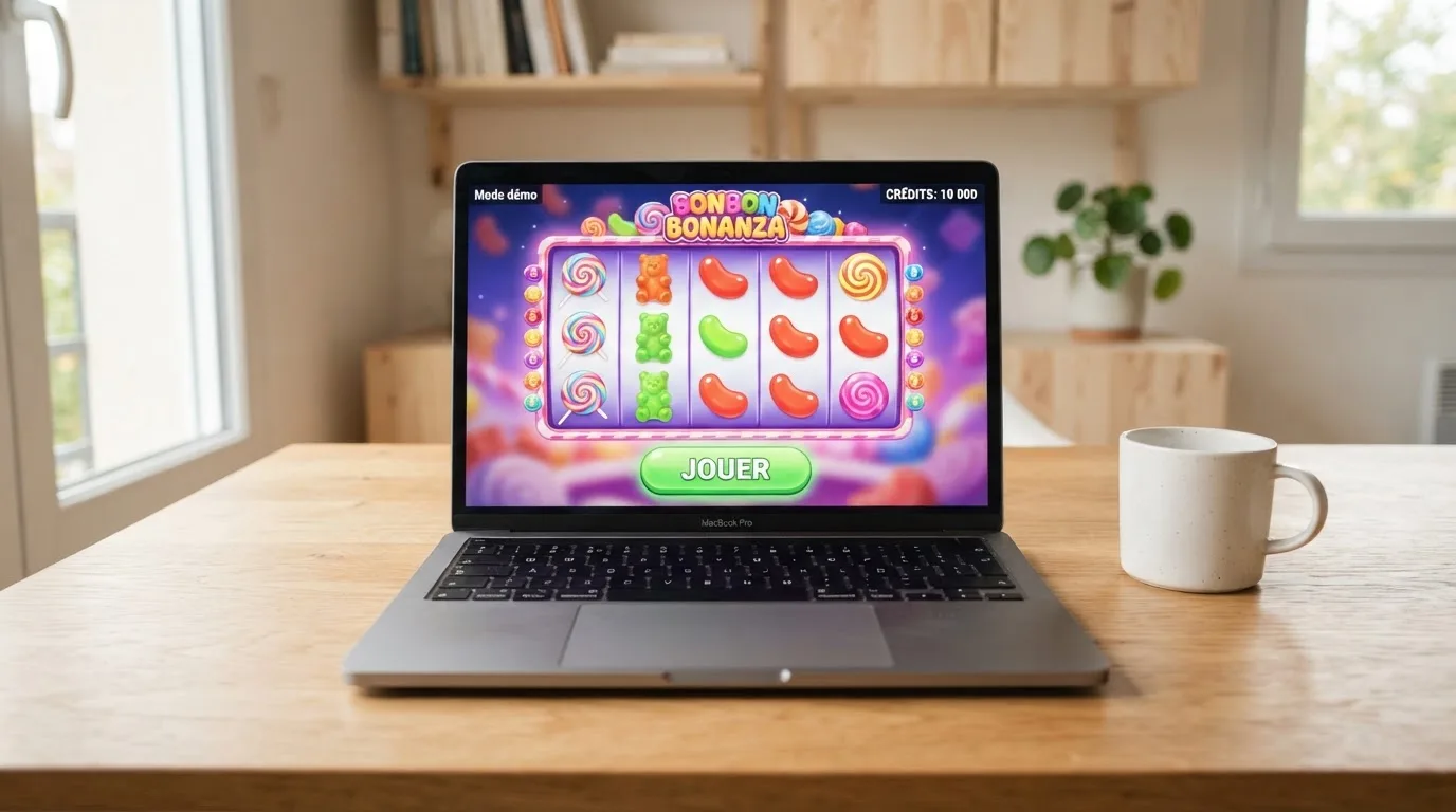 Interface de mode démo d'une machine à sous en ligne, avec un solde affiché en argent fictif
