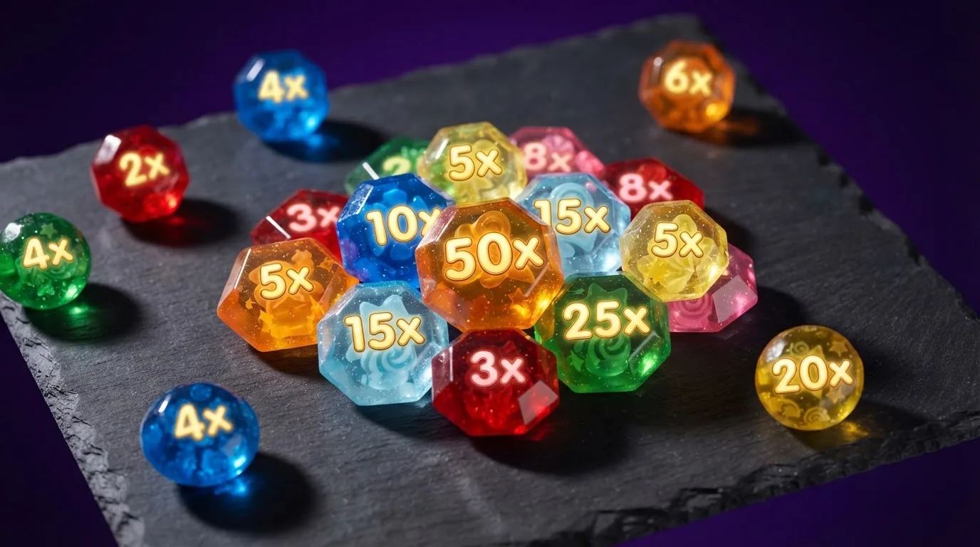 Gros plan sur des symboles multiplicateurs colorés qui s'accumulent lors d'un tour bonus de machine à sous