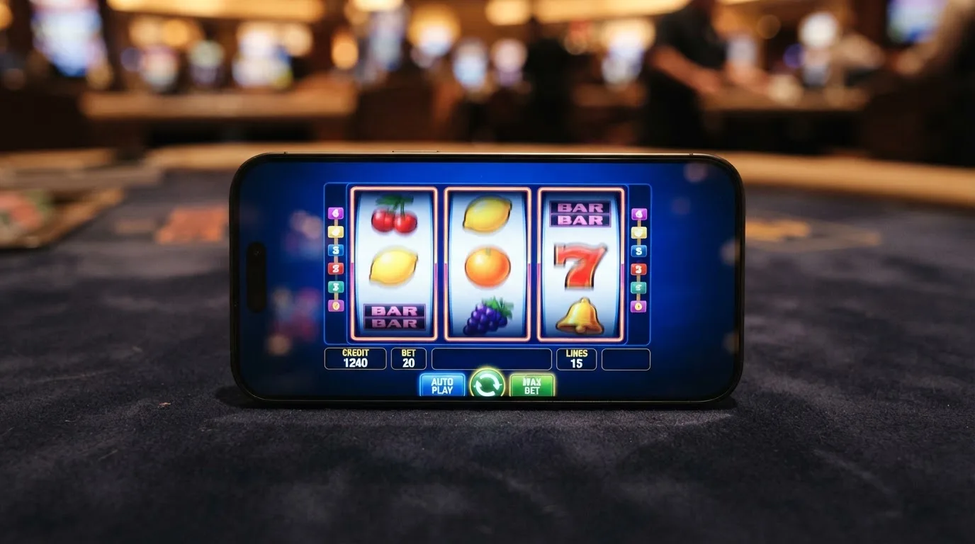 rouleaux d'une machine à sous en gros plan sur un écran de smartphone